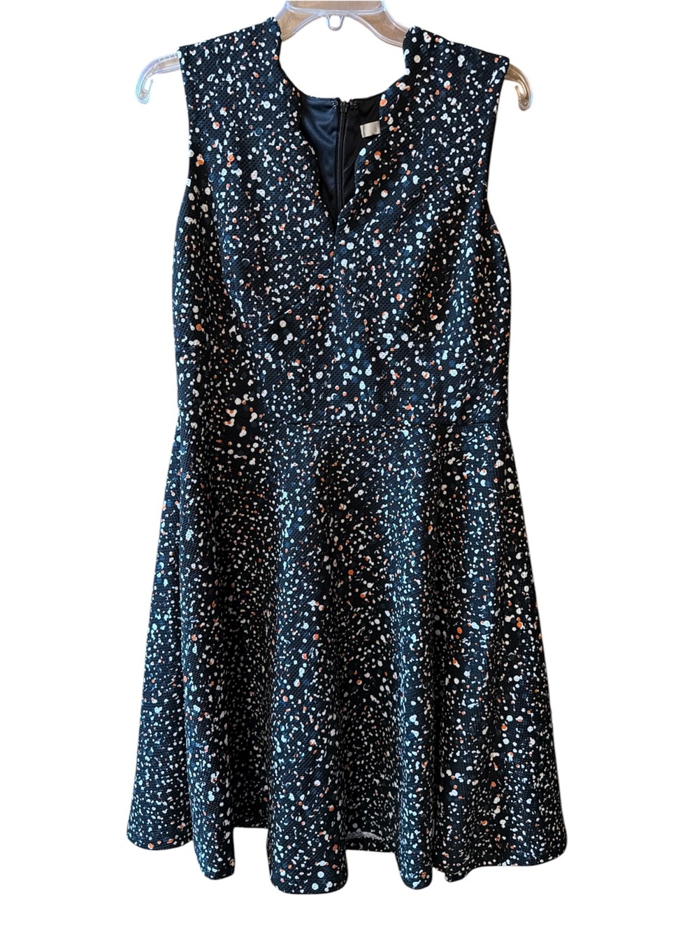 Sleeveless Black Midi Dress with White and Pink Speckle Print